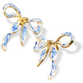 Enamel Bow Earrings for Women – 18K Gold Plated Blue and White Porcelain Jewelry, Elegant Ribbon Stud Earrings Gift for Birthday, Anniversary, or Wedding in Kuwait