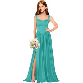 Junior Bridesmaid Dresses Satin Formal Party Dress Spaghetti Straps Prom Dresses for Teens Long Wedding Gown with Slit in Saudi Arabia
