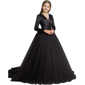 V-Neck Flower Girl Dresses for Wedding Satin Tulle First Communion Dress Long Sleeves Girls Pageant Dress in Saudi Arabia