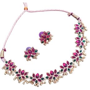 RD GEMS South Indian Lotus Design Jewelry Set Gift for Her Bollywood Ethnic Necklace Earring Set Gold Plated Set Jewellery set for women in Saudi Arabia
