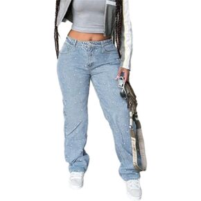 CFNZER Pearl Jeans for Women Y2K Boyfriend Baggy Straight Wide Leg Jeans Rhinestone Casual Denim Pants in Saudi Arabia