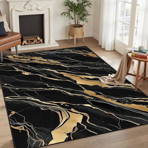 Lveesto Black and Gold Rug for Living Room, 5'x7' Washable Marble Rug for Bedroom and Dining Room, Modern Aesthetic Abstract Carpet Cashmere Black Gold Marble Carpet for Home Decor in Saudi Arabia