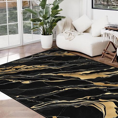 Lveesto Black and Gold Rug for Living Room, 5'x7' Washable Marble Rug for Bedroom and Dining Room, Modern Aesthetic Abstract Carpet Cashmere Black Gold Marble Carpet for Home Decor in Saudi Arabia