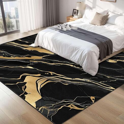 Lveesto Black and Gold Rug for Living Room, 5'x7' Washable Marble Rug for Bedroom and Dining Room, Modern Aesthetic Abstract Carpet Cashmere Black Gold Marble Carpet for Home Decor in Saudi Arabia