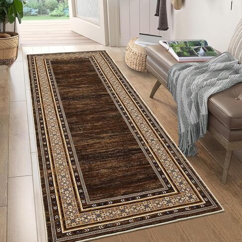 COZYLOOM Runner Rugs Non Slip, Hallway Rug 2x6 Washable Modern Geometric Border Accent Rug Stain-Resistant Floor Cover Mats for Living Room Bathroom Entryway ‎Laundry Room Kitchen, Red Brown in Saudi Arabia