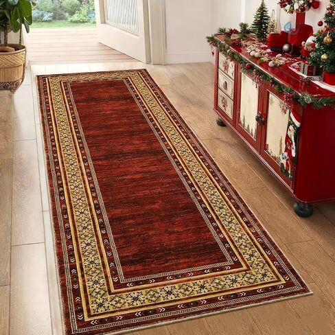COZYLOOM Runner Rugs Non Slip, Hallway Rug 2x6 Washable Modern Geometric Border Accent Rug Stain-Resistant Floor Cover Mats for Living Room Bathroom Entryway ‎Laundry Room Kitchen, Red Brown in Saudi Arabia