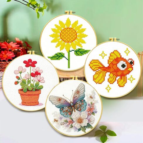 Zhenqing 4-Pack Floral Cross Stitch Kits – 11CT 20x20cm Aida Cloth with Iris, Sunflower & Butterfly Designs – Vibrant Home Decor Embroidery Set（68157） in Kuwait