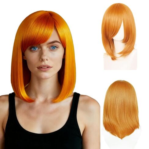 40cm White Short Women Wig Straight Synthetic Fiber Shoulder Length Cosplay Wig Full Bangs in Kuwait