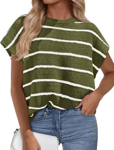 PRETTYGARDEN Womens Summer Short Sleeve Tops 2026 Trendy Crew Neck Striped Knit Sweater Business Casual Spring Clothes in Saudi Arabia