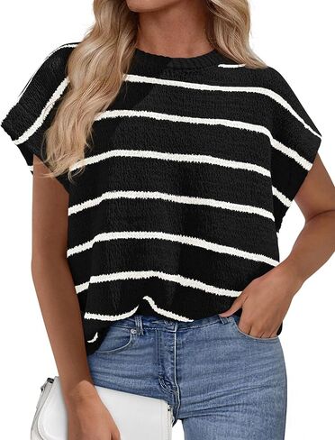 PRETTYGARDEN Womens Summer Short Sleeve Tops 2026 Trendy Crew Neck Striped Knit Sweater Business Casual Spring Clothes in Saudi Arabia