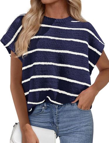 PRETTYGARDEN Womens Summer Short Sleeve Tops 2026 Trendy Crew Neck Striped Knit Sweater Business Casual Spring Clothes in Saudi Arabia