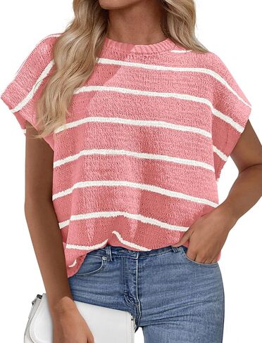 PRETTYGARDEN Womens Summer Short Sleeve Tops 2026 Trendy Crew Neck Striped Knit Sweater Business Casual Spring Clothes in Saudi Arabia