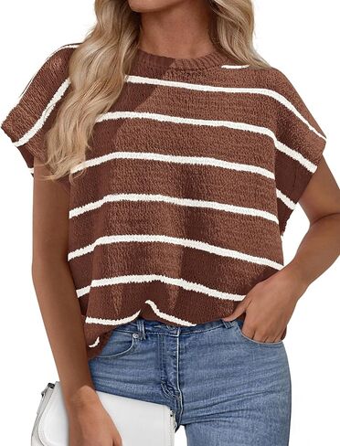 PRETTYGARDEN Womens Summer Short Sleeve Tops 2026 Trendy Crew Neck Striped Knit Sweater Business Casual Spring Clothes in Saudi Arabia
