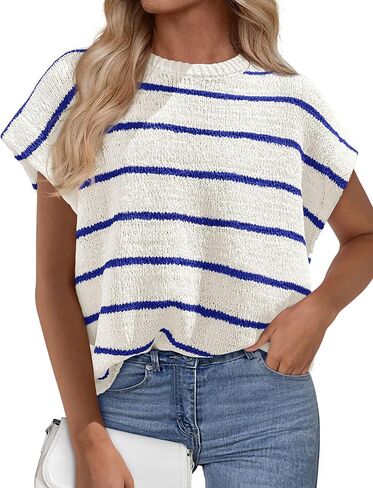 PRETTYGARDEN Womens Summer Short Sleeve Tops 2026 Trendy Crew Neck Striped Knit Sweater Business Casual Spring Clothes in Saudi Arabia