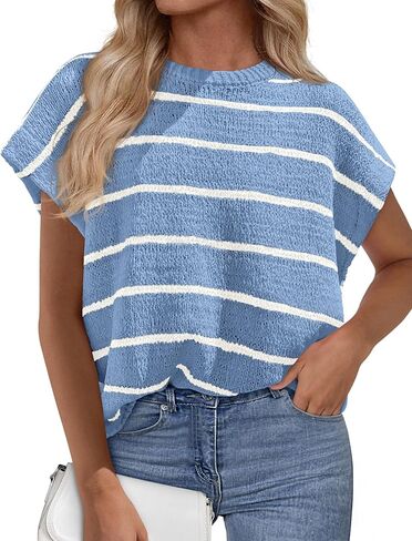 PRETTYGARDEN Womens Summer Short Sleeve Tops 2026 Trendy Crew Neck Striped Knit Sweater Business Casual Spring Clothes in Saudi Arabia