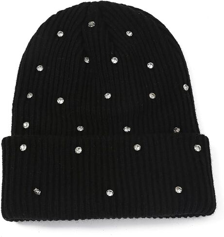 Julpsk Luxury Shiny Rhinestone Beanie Winter Daily Cuffed Ribbed Knit Hat for Women Men in Kuwait