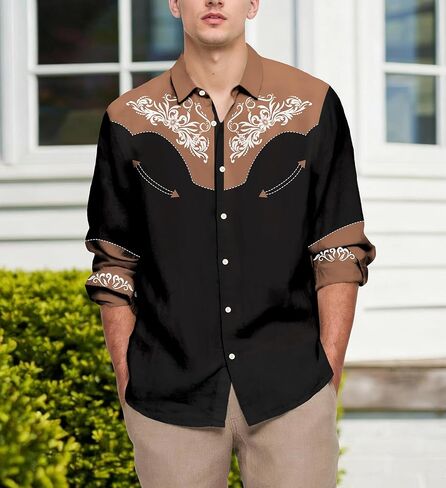 Men's Western Cowboy Shirt Casual Button Down Long Sleeve Shirts in Saudi Arabia