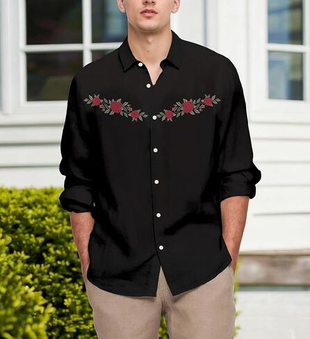Men's Western Cowboy Shirt Casual Button Down Long Sleeve Shirts in Saudi Arabia