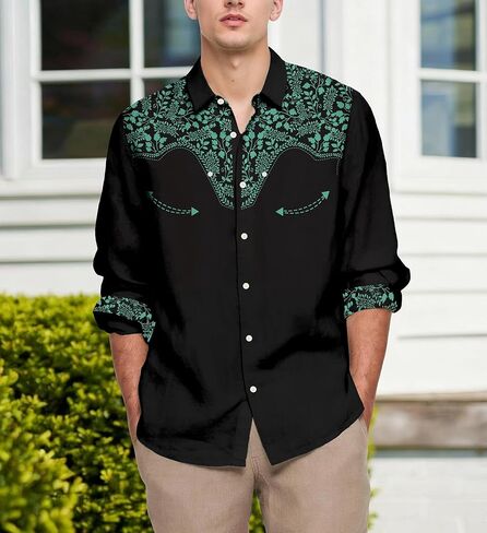 Men's Western Cowboy Shirt Casual Button Down Long Sleeve Shirts in Saudi Arabia