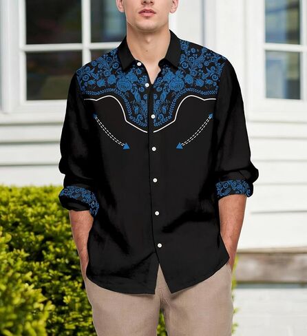 Men's Western Cowboy Shirt Casual Button Down Long Sleeve Shirts in Saudi Arabia