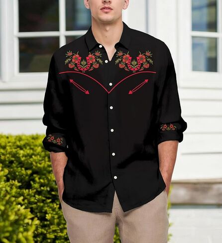 Men's Western Cowboy Shirt Casual Button Down Long Sleeve Shirts in Saudi Arabia