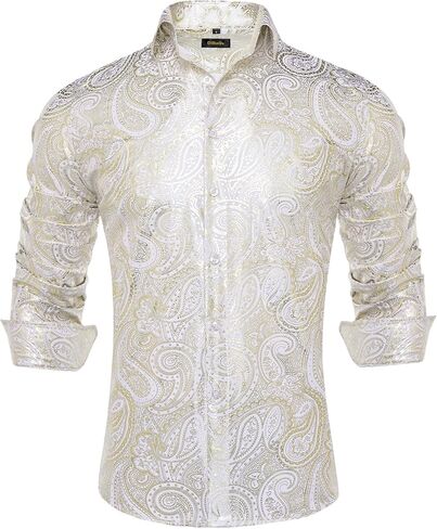 DiBanGu Mens Paisley Dress Shirt Luxury Printed Long Sleeve Button Down Shirts Regular Fit Shiny Shirts for Wedding Prom in Saudi Arabia