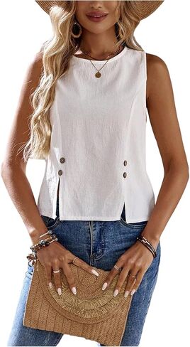 Floerns Women's Sleeveless Blouse Tops Split Loose Crewneck Casual Tank Top in Saudi Arabia