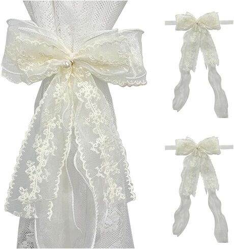 2 PCS Bowknot Curtain Tiebacks, Bow Curtain Holdbacks Buckles with Pearls, Butterfly Curtain Ties for Boho Bedroom Decor, Baby Nursery Decor, Farmhouse Decor (Beige) in Kuwait
