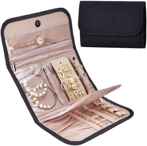 Travel Jewelry Case Organizer, Portable Travel Jewelry Organizer Roll or Earrings, Necklaces, Rings, Bracelets, Brooches Black in Saudi Arabia