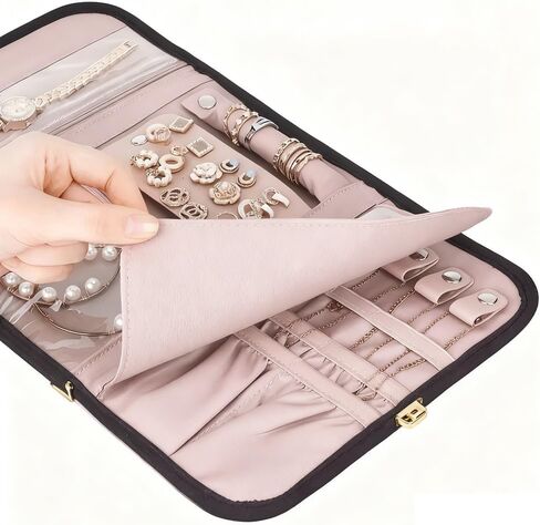 Travel Jewelry Case Organizer, Portable Travel Jewelry Organizer Roll or Earrings, Necklaces, Rings, Bracelets, Brooches Black in Saudi Arabia