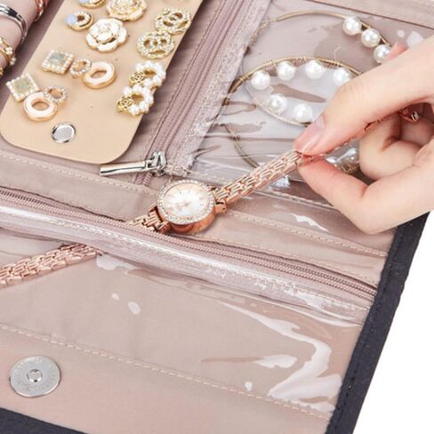 Travel Jewelry Case Organizer, Portable Travel Jewelry Organizer Roll or Earrings, Necklaces, Rings, Bracelets, Brooches Black in Saudi Arabia