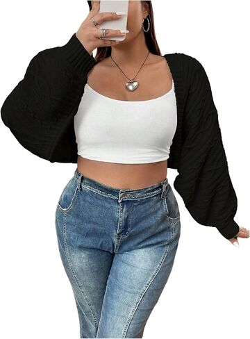 BEAUDRM Women's Plus Size Open Front Cardigan Long Sleeve Loose Crop Sweater Shrug in Saudi Arabia