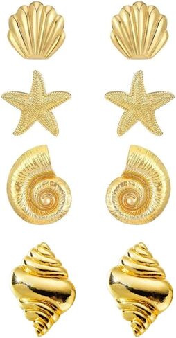 3 Pairs Beach Earrings for Women, 14K Gold Statement Earrings, Summer Ocean Jewelry Starfish Conch Seashell Stud Earring Set in Saudi Arabia