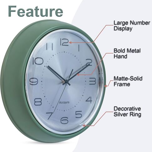 Accqura 12 Inch Vintage Retro Wall Clock, Silent Non-Ticking Metal Dial & Domed Glass Battery Operated, Design for Kitchen Living Room, Bedroom,Office (Sage Green) in Saudi Arabia