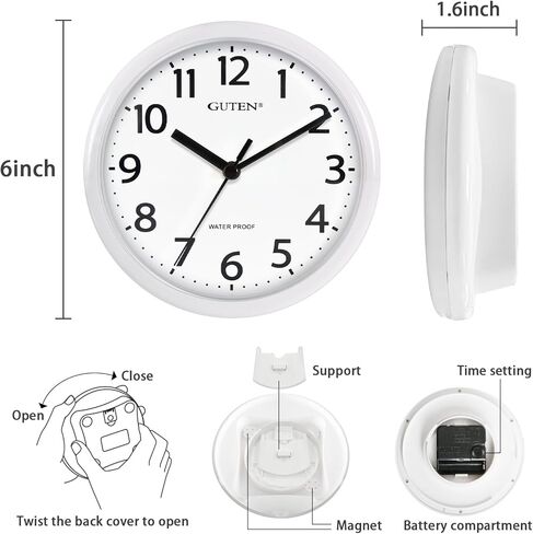 Caysie 6 Inch Waterproof Bathroom Shower Clock, Hanging or Standing Silent Battery Operated Quartz Magnetic Wall Clocks for Kitchen, Bathroom, Home (White) in Saudi Arabia