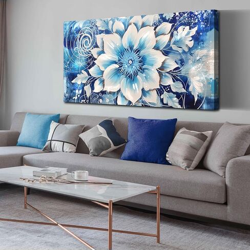 Flower Picture Wall Decor for Bedroom Large Blue Flower Canvas Wall Art for Office Framed Floral Wall Art for Living Room Ready To Hang Size 40 x 20 Inch in Saudi Arabia