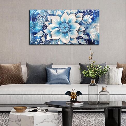 Flower Picture Wall Decor for Bedroom Large Blue Flower Canvas Wall Art for Office Framed Floral Wall Art for Living Room Ready To Hang Size 40 x 20 Inch in Saudi Arabia