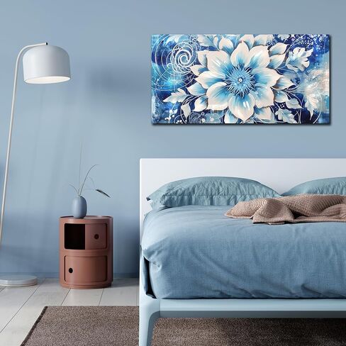 Flower Picture Wall Decor for Bedroom Large Blue Flower Canvas Wall Art for Office Framed Floral Wall Art for Living Room Ready To Hang Size 40 x 20 Inch in Saudi Arabia
