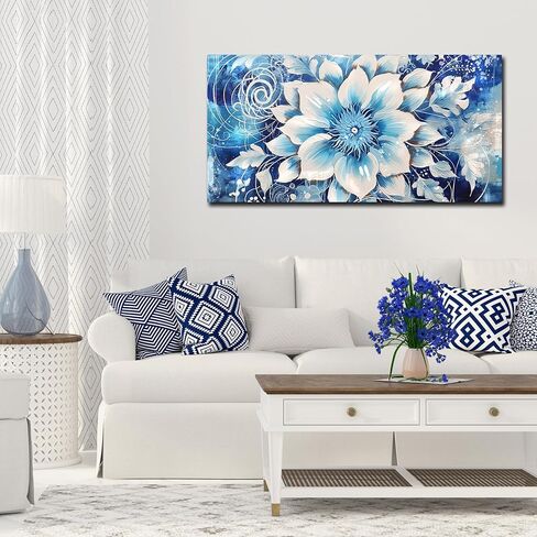 Flower Picture Wall Decor for Bedroom Large Blue Flower Canvas Wall Art for Office Framed Floral Wall Art for Living Room Ready To Hang Size 40 x 20 Inch in Saudi Arabia