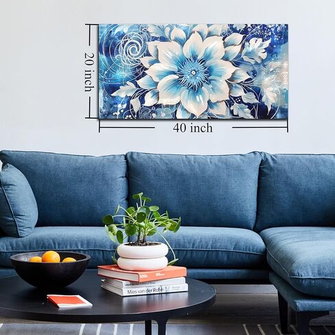Flower Picture Wall Decor for Bedroom Large Blue Flower Canvas Wall Art for Office Framed Floral Wall Art for Living Room Ready To Hang Size 40 x 20 Inch in Saudi Arabia