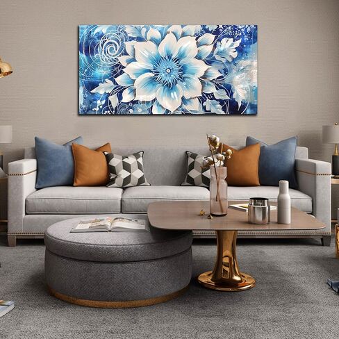 Flower Picture Wall Decor for Bedroom Large Blue Flower Canvas Wall Art for Office Framed Floral Wall Art for Living Room Ready To Hang Size 40 x 20 Inch in Saudi Arabia