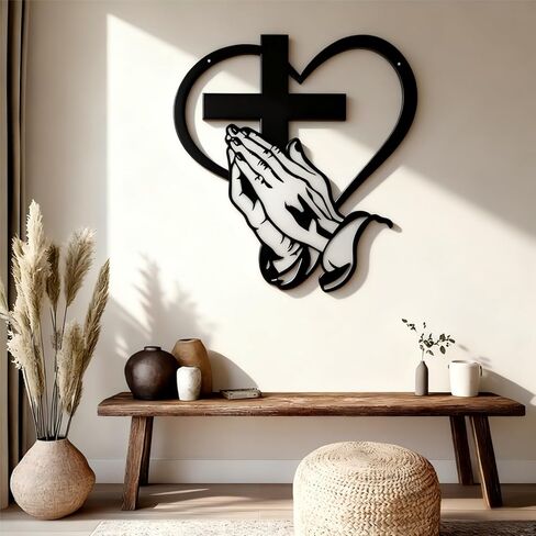 Elegant Metal Christian Heart & Cross Wall Decor Art, Praying Hands Design 19.68" Iron Sacred Heart Sign Plaques Decorative for Office, Living Room, Patio Farmhouse Decor (1Pcs) in Saudi Arabia