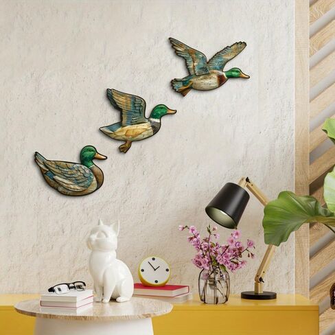 Rustic Duck Wall Decor Set of 3 – Vintage Mallard Flying and Swimming Wooden Accents for Living Room Cabin Lodge Lake House in Saudi Arabia