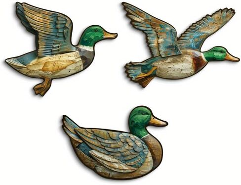 Rustic Duck Wall Decor Set of 3 – Vintage Mallard Flying and Swimming Wooden Accents for Living Room Cabin Lodge Lake House in Saudi Arabia