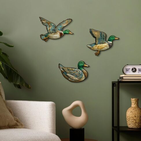 Rustic Duck Wall Decor Set of 3 – Vintage Mallard Flying and Swimming Wooden Accents for Living Room Cabin Lodge Lake House in Saudi Arabia