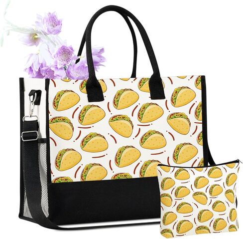 InnoBeta Taco Gifts for Women, Seamless Taco Pattern, Canvas Tote Bag for Mexican Friends, Coworkers, Bag with Top Zipper Closure and Shoulder Strap for Birthday in Saudi Arabia