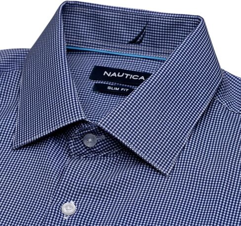 قمصان رجالية منقوشة بقصة ضيقة من Nautica بأكمام طويلة وخالية من التجاعيد رسمية بأربعة اتجاهات بتقنية تبريد قابلة للتمدد وفتل الرطوبة in Kuwait