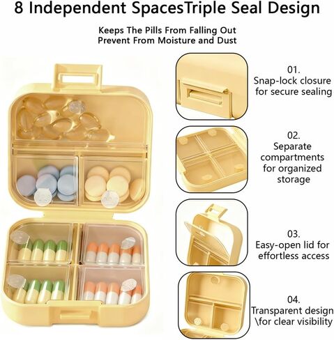 Portable Mini Pill Box Double Sealed Medicine Pill Organizer 7 Days a Week Snap Compartment Pill Boxes,Yellow in Saudi Arabia
