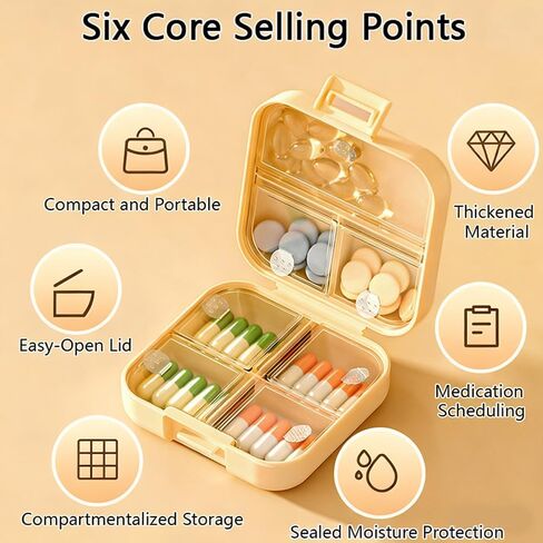 Portable Mini Pill Box Double Sealed Medicine Pill Organizer 7 Days a Week Snap Compartment Pill Boxes,Yellow in Saudi Arabia