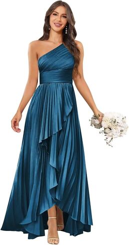 MXODI Women's One Shoulder Satin Bridesmaid Dresses Long for Wedding Pleated Corset Formal Wedding Guest Dress Fall in Kuwait